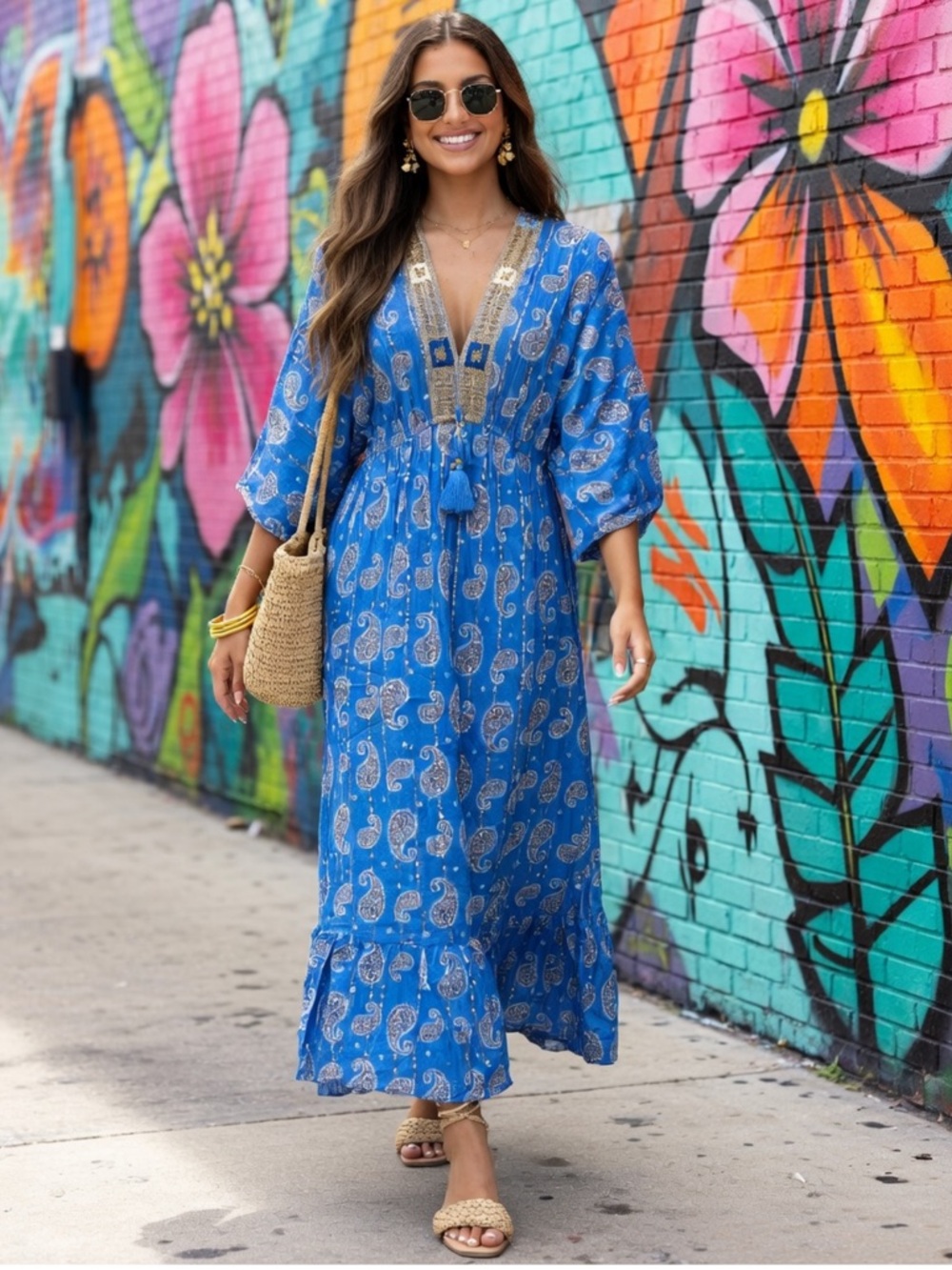 Blue Paisley Maxi Dress with Gold Trim